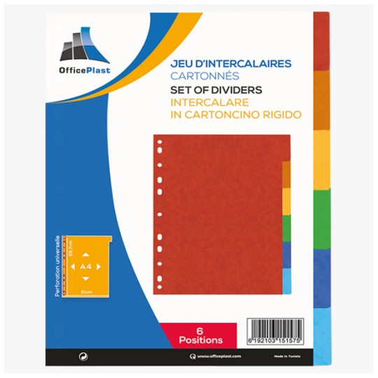 JEU DE 6 INTERCALAIRES OFFICE PLAST PP A4 / ASSORTIS