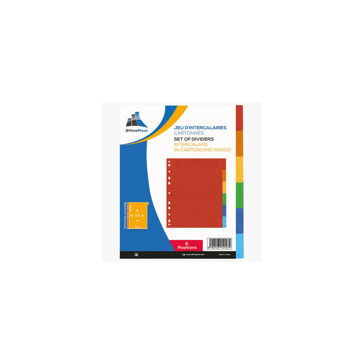JEU DE 6 INTERCALAIRES OFFICE PLAST PP A4 / ASSORTIS
