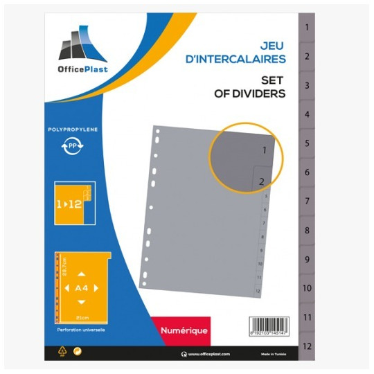 JEU DE 12 INTERCALAIRES OFFICE PLAST PP / A4 / GRIS