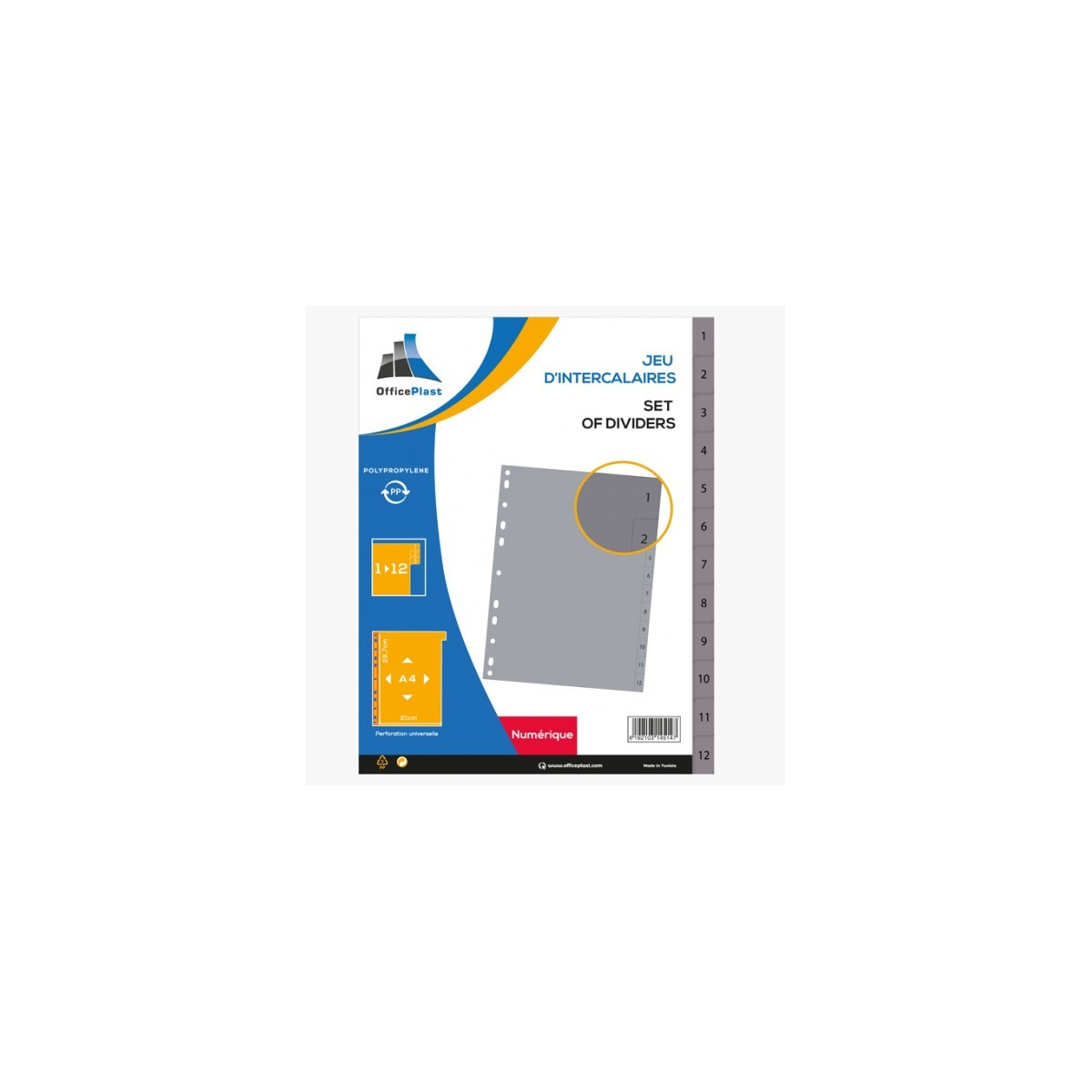 JEU DE 12 INTERCALAIRES OFFICE PLAST PP / A4 / GRIS
